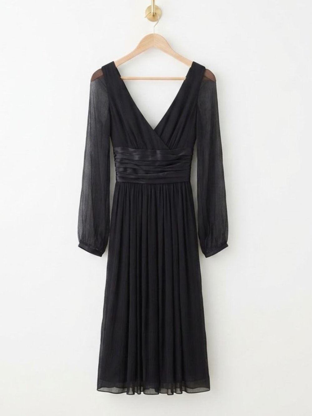 Silk Midi Dress Size 8 Black Long Sleeve Sheer V-Neck Cocktail Gothic Chic